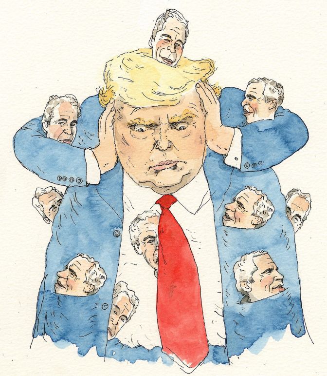 Political cartoon. President Trump is pictured in a suit, looking down and covering his ears. Jeffery Epstein is depicted ten times, peeking out from numerous places on Trump, including from inside his jacket pockets, behind his tie, and on top of his head.