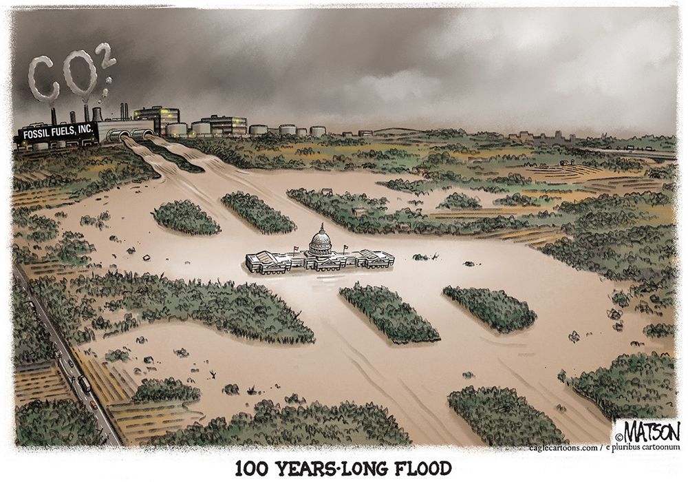 Political cartoon titled “100 Years-Long Flood.” The US Capitol building is in the center of a flood, with dirty water flowing out of a factory in the distance named “Fossil Fuels, Inc.” The pipes from the top of the factory release smoke that reads “CO2,” while the sky is cloudy and gray.