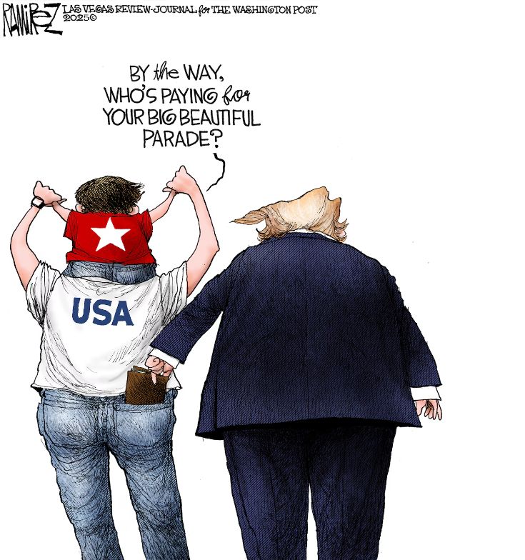 President Trump picks a wallet out of the pocket of a man and his child in USA apparel, who is asking the President, "By the way, who's paying for your big beautiful parade?"