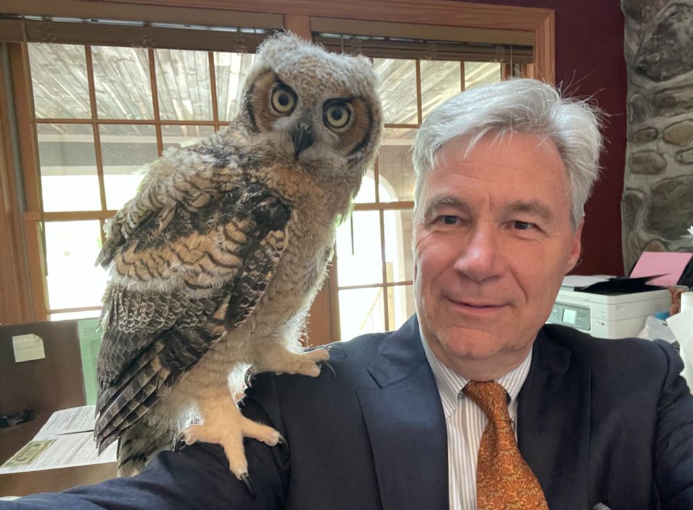 An owl sits on Senator Whitehouse's shoulder and looks into the camera.