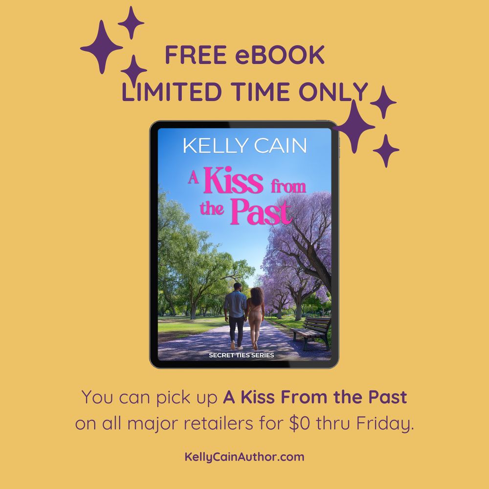 Pink background with the following text: Including this one from me, Free today. Also the cover of A Kiss From the Past which is an outdoor photo with green and purple leaved trees and the backs of 2 Black people walking down a path next to a bench.