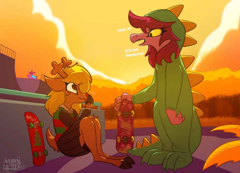 A fanart image of Noelle Holiday and Susie from Deltarune, at sunset in a skatepark based on the hometown area. Noelle is snickering as susie arrives dressed in her "susiezilla" dinosaur outfit which she claims is for extra protection for skating. Virovirokun in the background attempting to go down a halfpipe