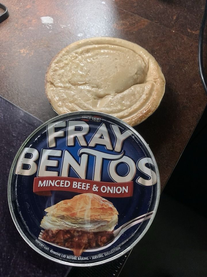 A Fray Bentos Minced Beef and Onion (there was one of either) pie in a tin.