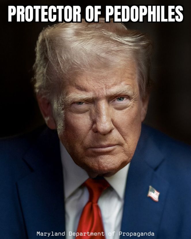 portrait of Donald Trump. caption: protector of pedophiles
