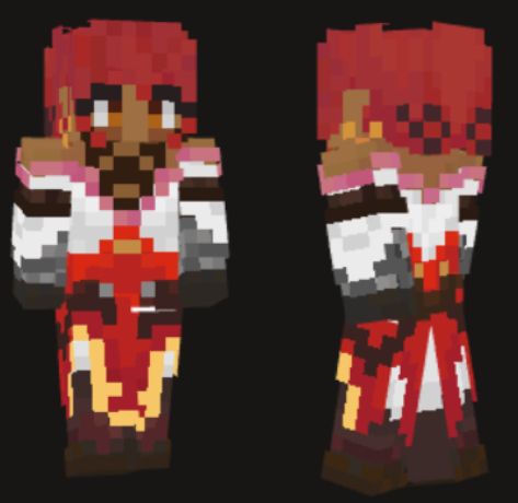 Minecraft skin rendition of my monster hunter character. She has red hair, dark skin, pointy ears and wears a white dress that leaves her shoulders and chest exposed, showcasing her black neck tattoo. She also wears a red corset, iron gloves and leather boots.