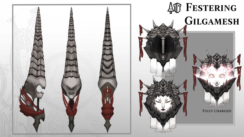 Turn around of the Lance featuring a grey skull design on the left of the composition. It is covered in red withered bands. The shield has a white, feminine face on its center, adorned by black and grey metallic plates and horns featuring the same withered bands on their tip. The fully charged version has the face open its eyes and smile.