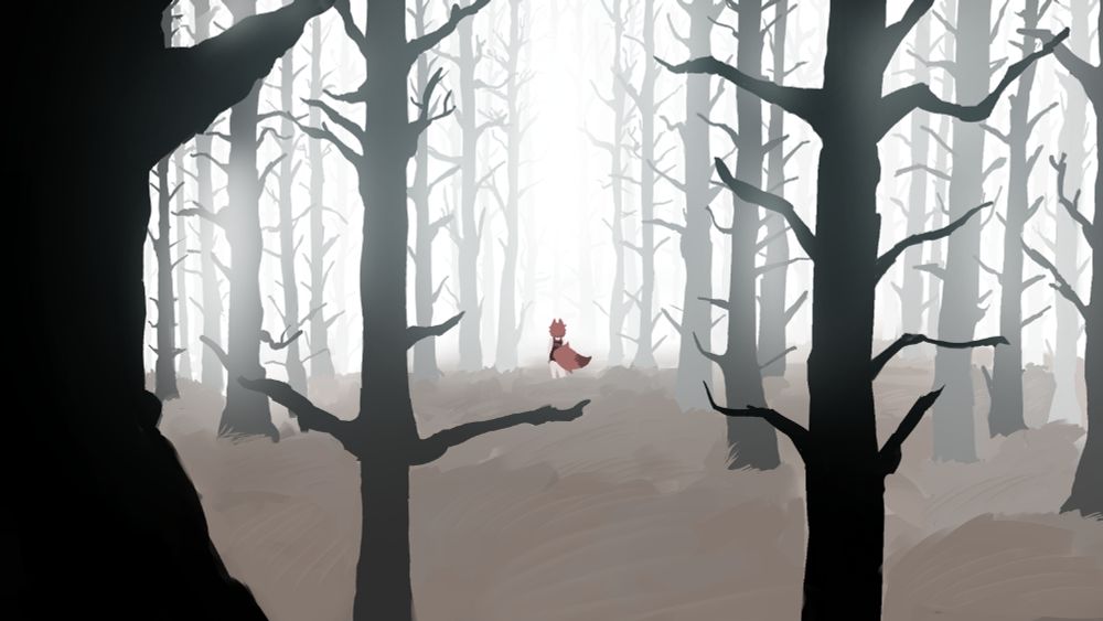 Cai at the center of the composition, b is standing in a white foggy forest, surrounded by black and grey, tall naked trees. The desaturated orange grass is being blown by the wind.
