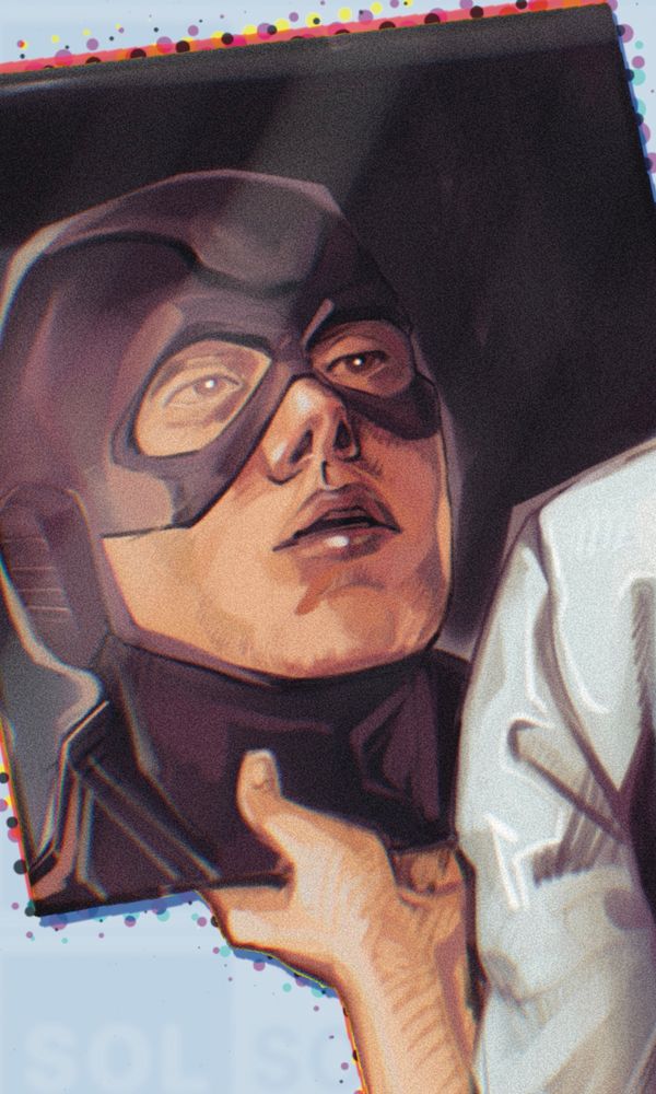 The main character of the game dispatch, Robert Robertson the third looking into a mirror and seeing himself in the mecha man costume, while he is wearing slacks.