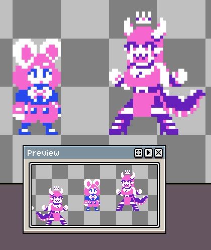 A pink, blue, and white bunny girl with poofy pink shorts and white bow on her chest stands on the left. On the right is a dragon princess with pink hair and dress and purple boots and tail with her mouth open as if to yell. In the Preview window there is an additional sprite of the princess with her mouth closed.