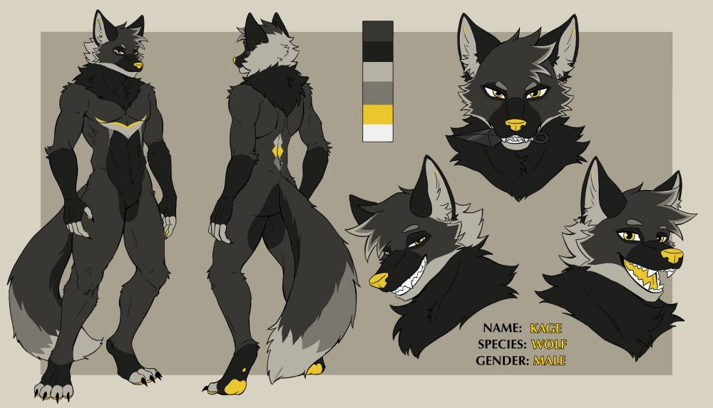 Black and Yellow Anthromorphic Wolf. 
Fursona Reference Sheet.
