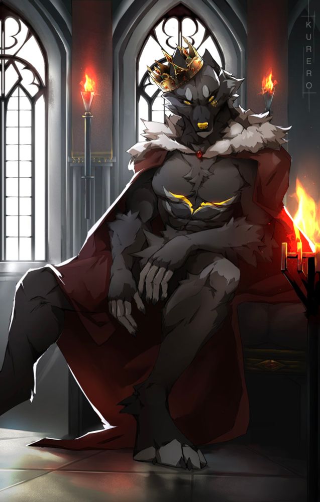 Kage, and athromorphic wolf sat on a throne wearing a crown.