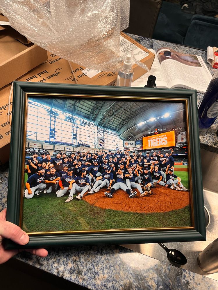 A picture of the on field team photo of the Detroit Tigers after they clinched their wildcard victory against the Houston Astros in Houston and 2024. 

Yes, that's me up in the stage right back row corner!