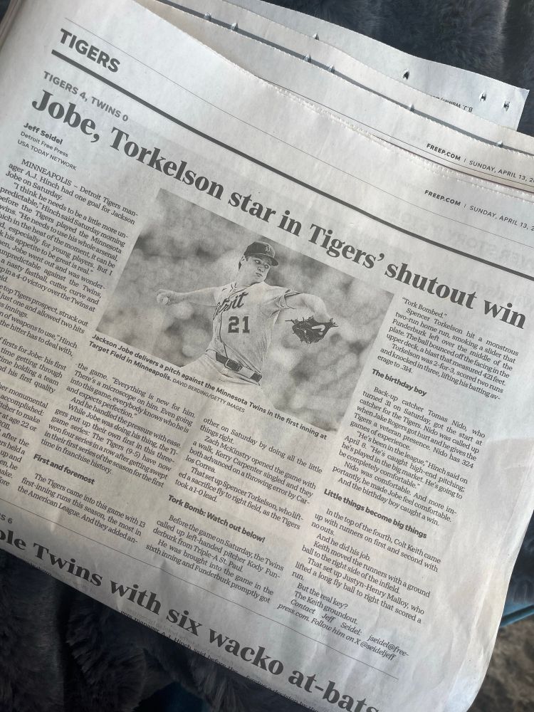 A photo of the sports section article for the Detroit Free Press with an article about Jackie Jobe's 6 shutout in I ha to win his first MLB game. 