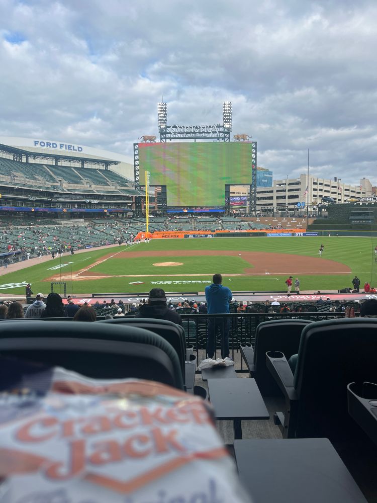 The Comerica Park scoreboard with my cracker jacks in my lap. It's the time between the two games of a Day Night doubleheader. 