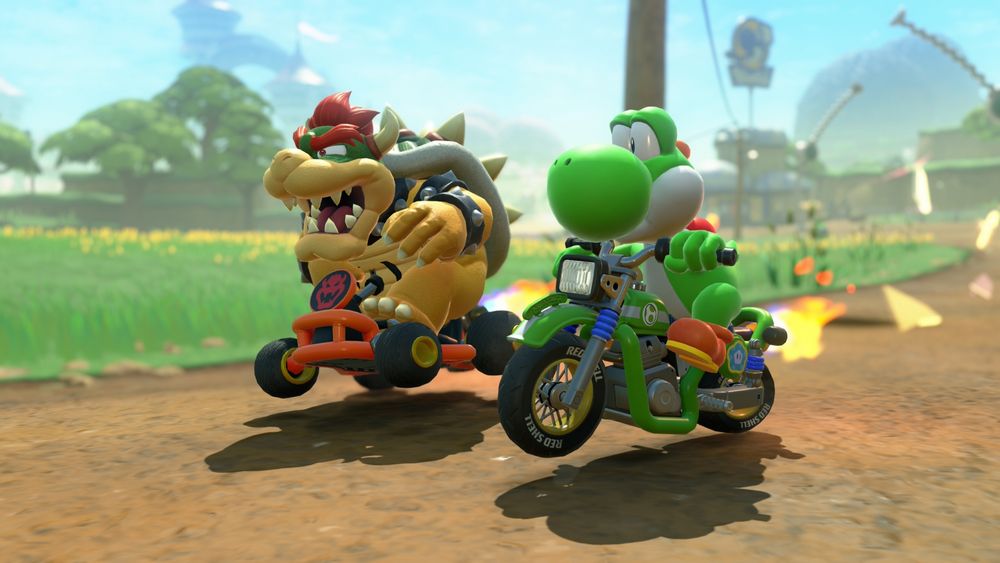 Bowser and Yoshi casually driving near Wii Moo Moo Meadows.