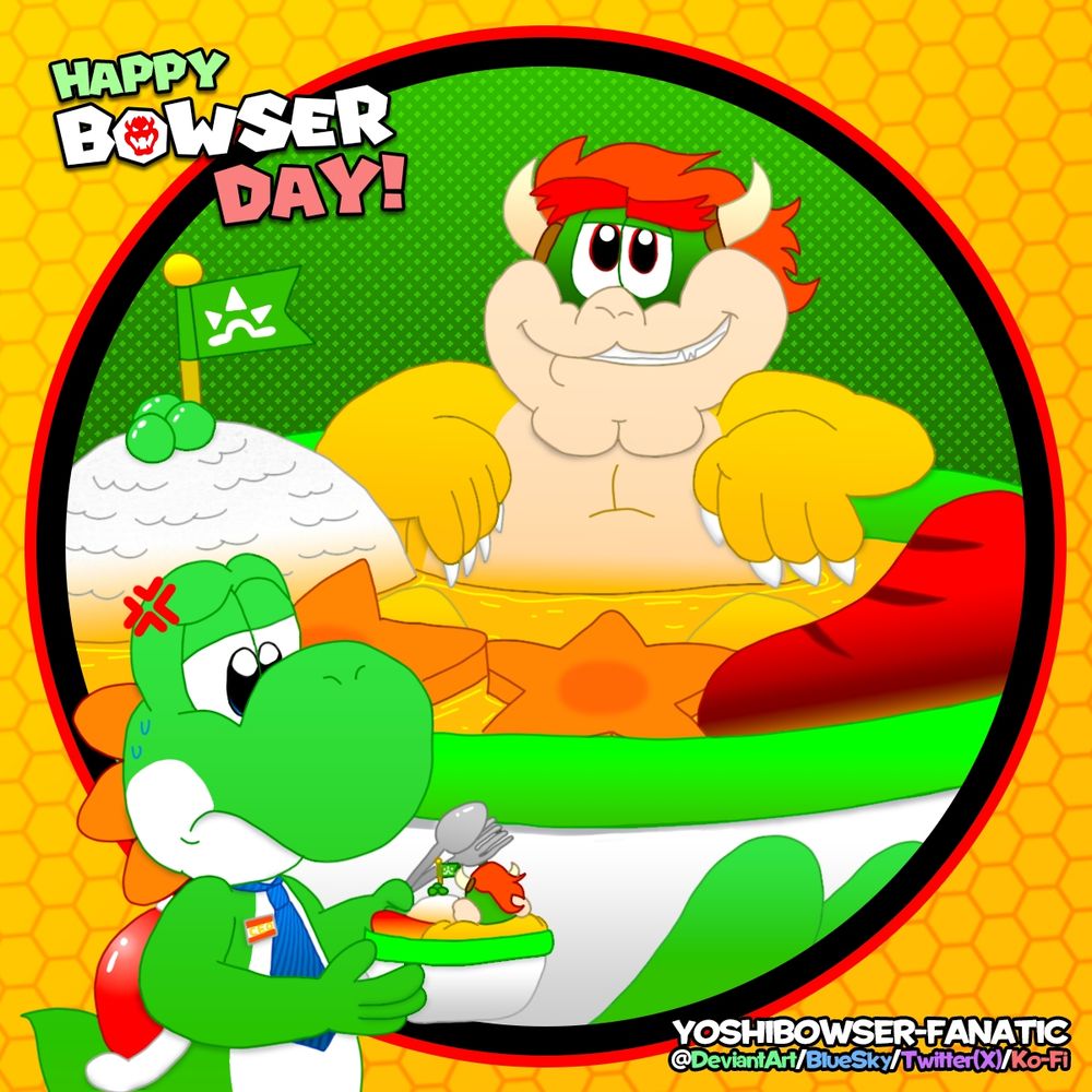 A picture for Bowser Day 2025. It shows Bowser lounging in a bowl of lava curry, a Dash Food found in Mario Kart World.

Beyond that shows Yoshi (with a blue tie and a CEO nametag, alluring to the Yoshi's stops found in Mario Kart World) looking at Bowser visibly annoyed as Bowser contaminated the curry.