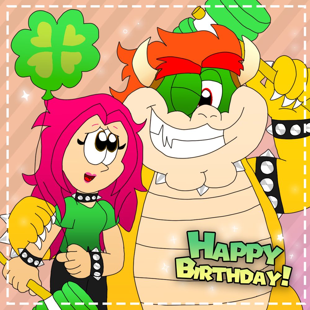 Picture of Clover being protected by Bowser. Scenario is based from the "Hammer and Sic'em" minigame from Super Mario Party, a minigame involving balloons and squeaky hammers.

A birthday present.