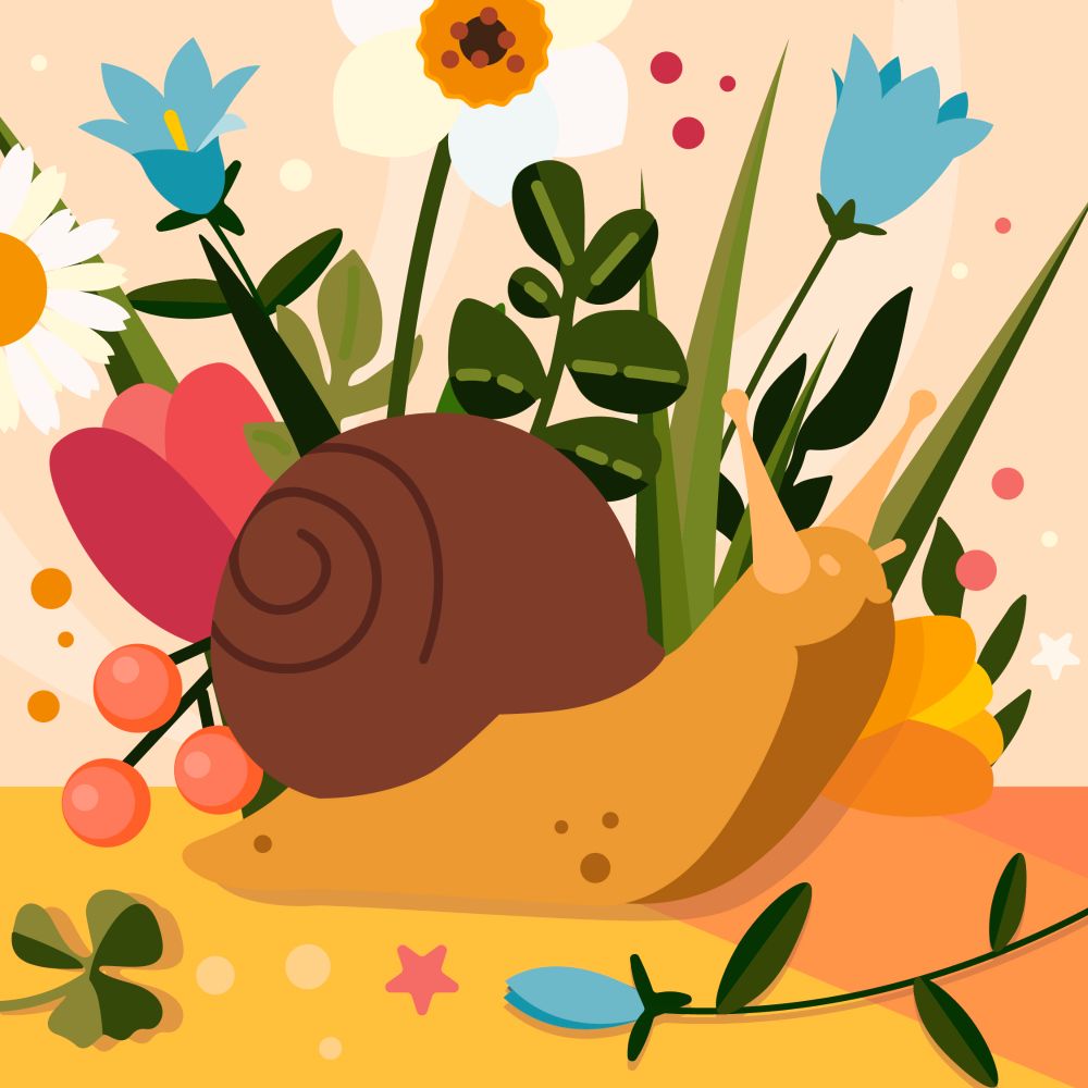 An illustration of a snail sitting around leaves and flowers