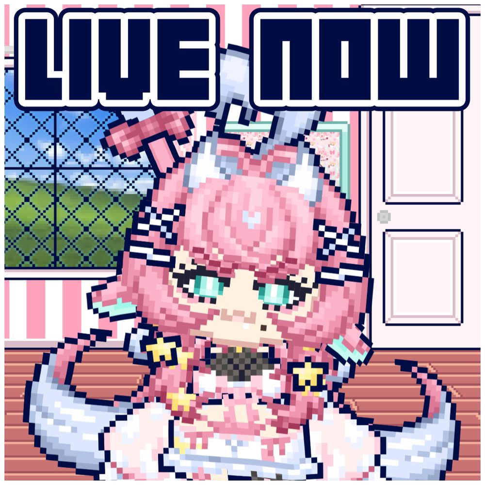 Text: LIVE NOW (pixel font in dark blue with a white outline and then a dark blue outline)
Imagery: Rosa Pandora, a pink haired vtuber with cow horns, ears, and tail, is looking very determined underneath the text. The background is a room with white and pink striped walls, brown wood floor, a white door, picture frame with Rosa Pandora logo, and a big window looking outside to a pixelated Bliss photo.