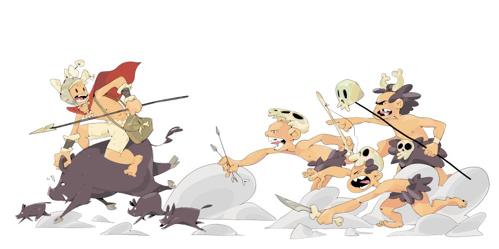 Cavemen chasing after a boy riding a hog