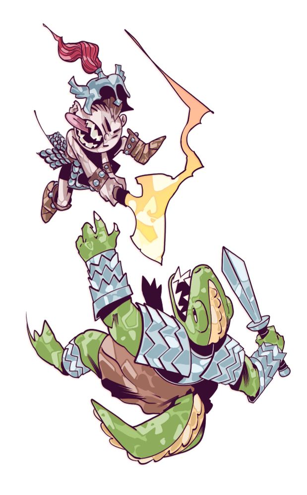 Cartoon Barbarian attacking a Lizard Man