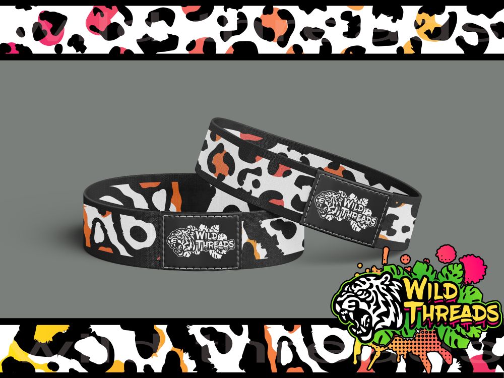 Mock up of Wild threads elastic stretch wristbands featuring bold animal markings of wild dog blotches and big cat rosettes.