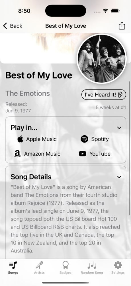 Best of My Love - The Emotions in the Heard It All music app