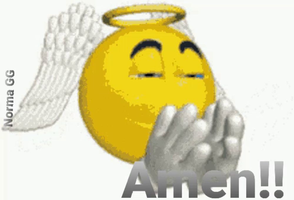 a smiley face with angel wings and the word amen written below it