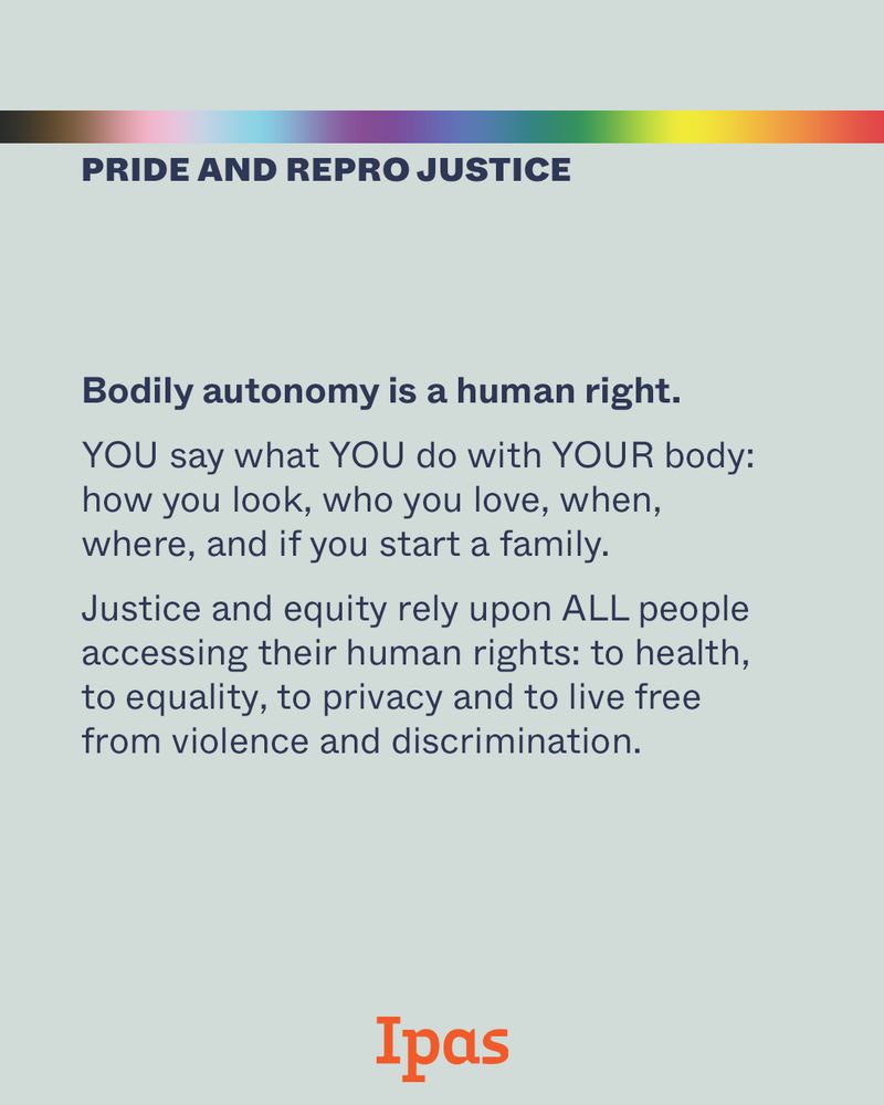 Text reads: Bodily autonomy is a human right. YOU say what YOU do with YOUR body: how you look, who you love, when, where, and if you start a family. Justice and equity rely upon ALL people accessing their human rights: to health, to equality, to privacy, and to live free from violence and discrimination. Ipas logo at bottom of image.