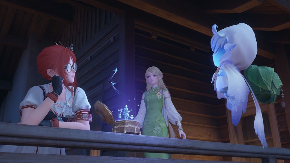 Video game character Nikki in a green dress is enjoying the sweet music from a music box with her red-haired friend Nonoy and a faewish sprite named Giroda.