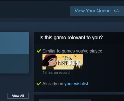 Screenshot of Steam client from a game's page, showing it may be relevant to me because it's similar to a game I've played: "Little Misfortune" by Killmonday Games