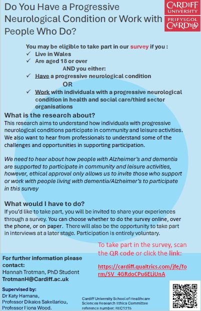 Image of a flyer for a survey exploring how people with progressive neurological conditions participate in community and leisure activities