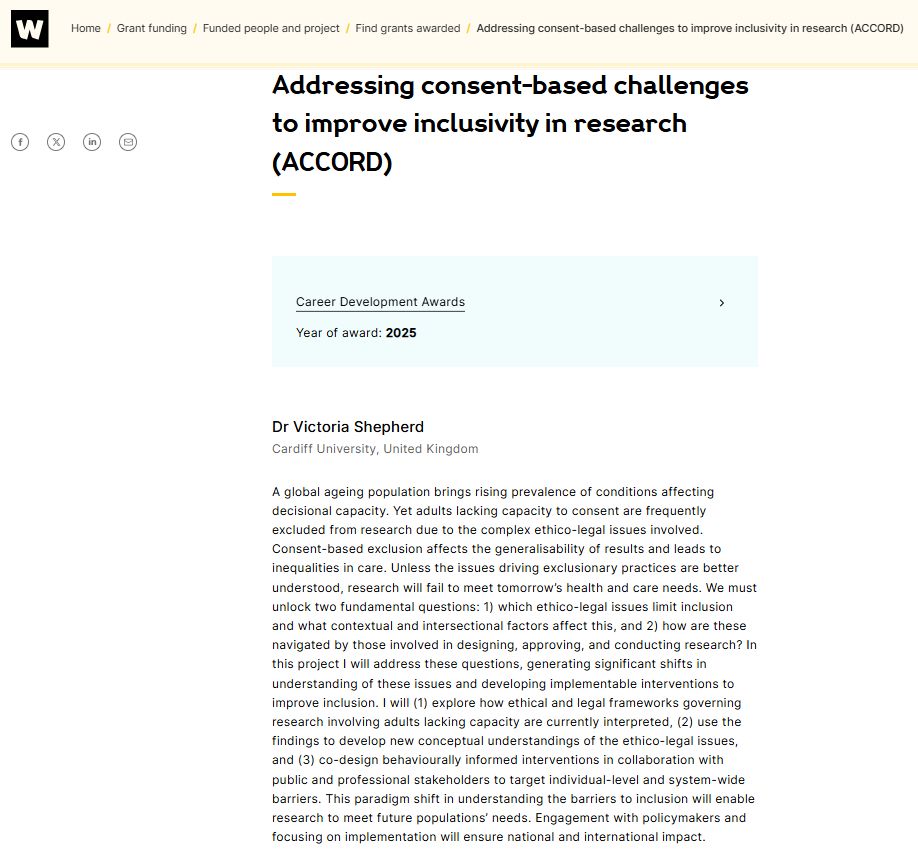 Image from Wellcome's website showing details of award titled 'Addressing consent-based challenges to improve inclusivity in research (ACCORD)'