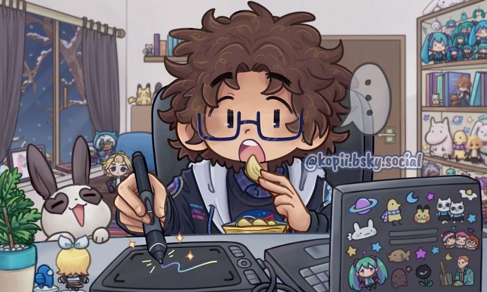 somewhat old (2020~2022) drawing of me and my imaginary bedroom, surrounded by some of my favorite things.