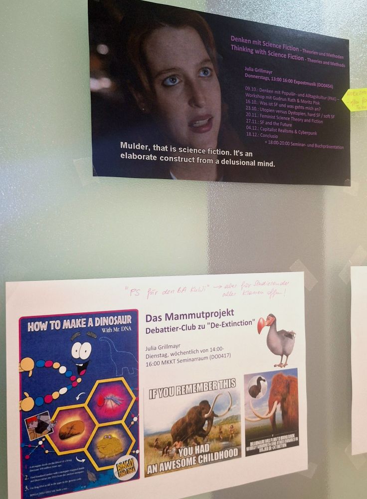Poster mit meinen LV-Beschreibungen "thinking with Science Fiction" und "Das Mammutprojekt: Debattierclub zu De-Extinction" 