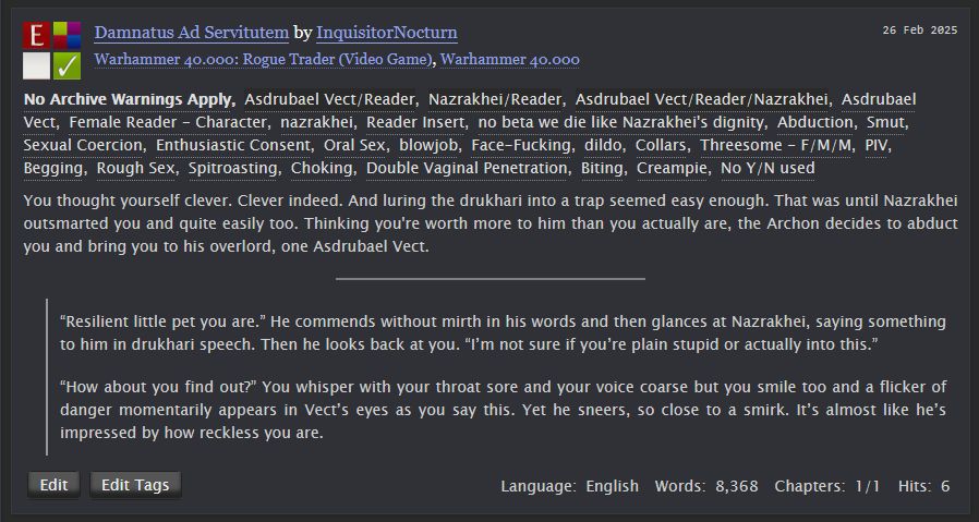 A screenshot of a AO3 fic that includes summary, excerpt and tags for said fic.