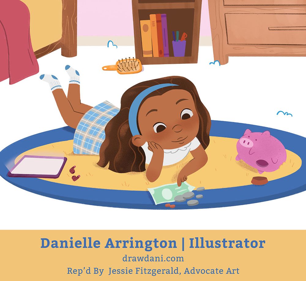 A drawing of a young girl laying on her bedroom floor counting money next to her open piggy bank.