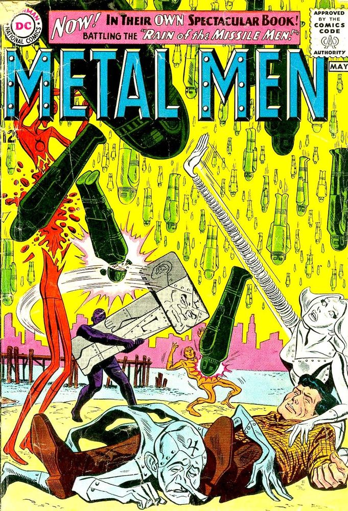 Ross Andru's cover shows the Metal Men breaking, their creator unconscious as the alien Missile Men rain down on Earth.