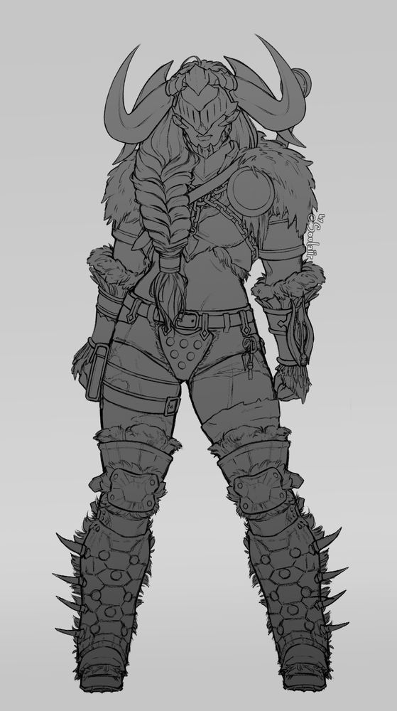 Monster hunter character
Woman with long hair in a big braid over her shoulder. Fur cape, gloves with armory pieces and fur, armored boots with spikes and fur padding. Small bag on her left thigh. Short shorts with crotch armor piece. Helmet covers most of her face except for the mouth, it has large horns.