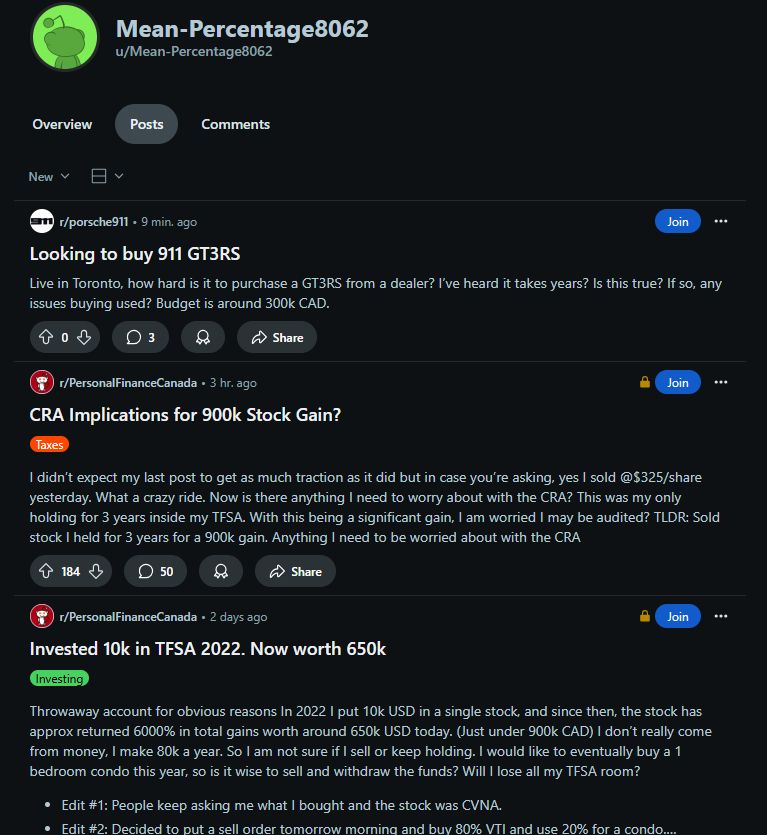 screenshot from Reddit showing a user who has made 3 posts:

1. Asking for advice about a 900k gain made in a TFSA from a single stock
2. Asking if there are tax implications after selling his 900k stock
3. Asking how to buy a $300k Porsche 