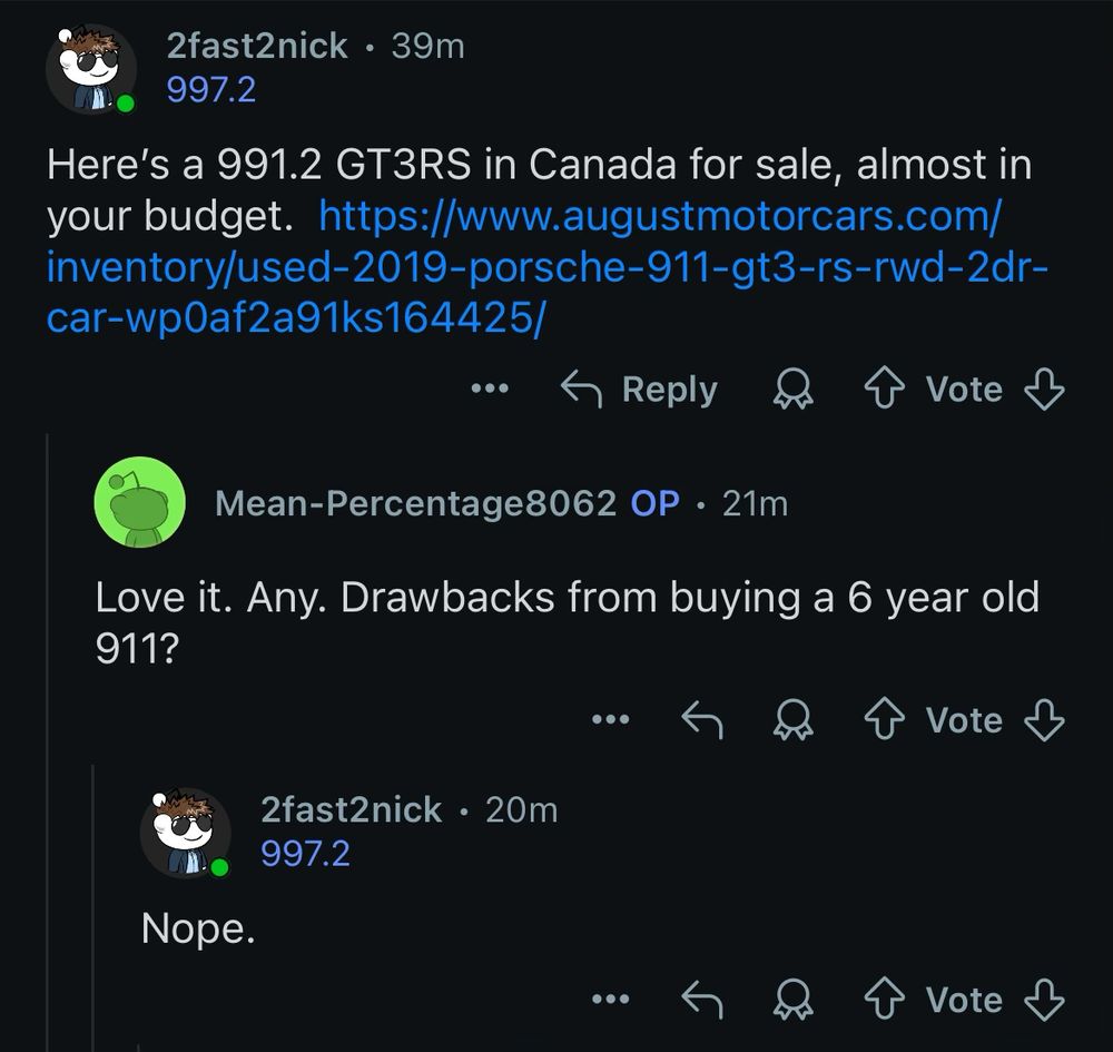 Reddit conversation taking about buying a Porsche 911
