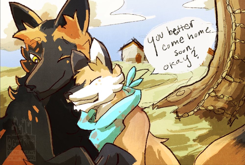 A red fox hugs a cross fox outside of a village, telling them they better come home soon.