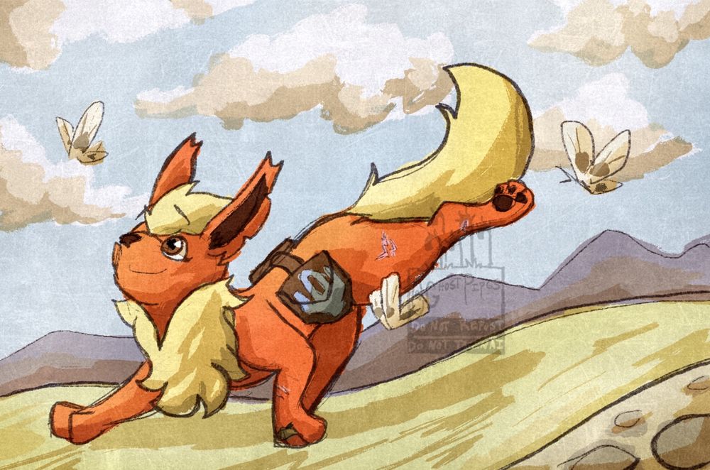 A flareon trots along a grassy path on a cloudy day surrounded by butterflies.