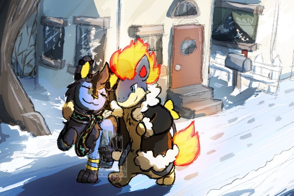 A quilava and luxio walk through a snowy neighborhood.