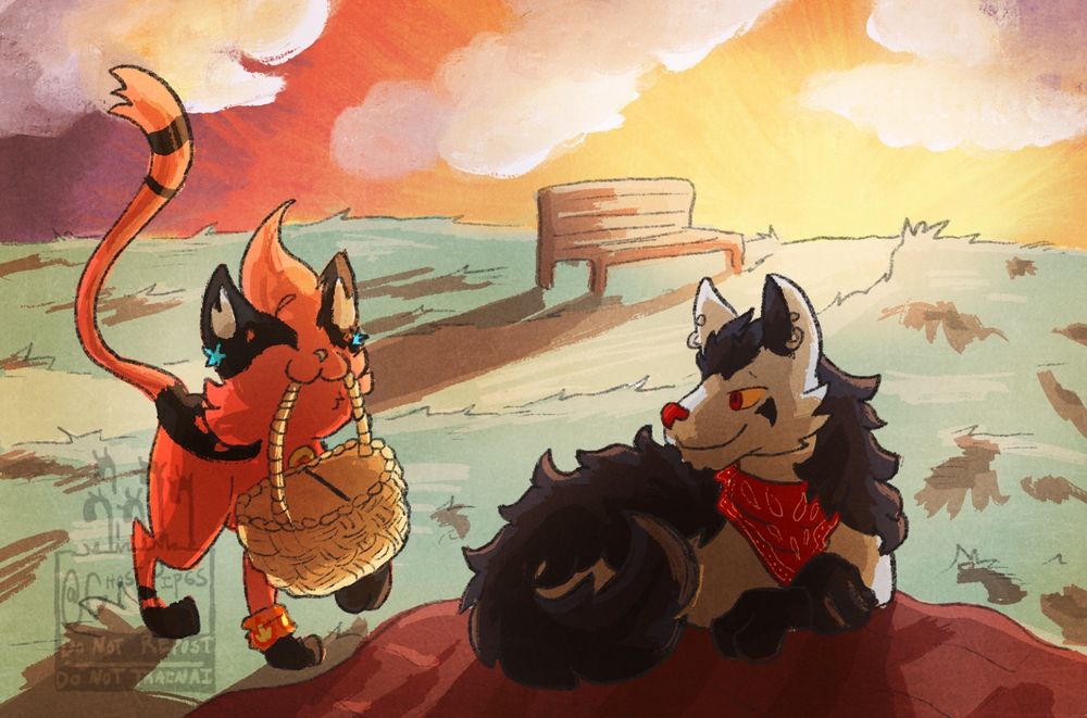 A litten brings a picnic basket to a mightyena resting on a red blanket. It is sunset in a grassy park.