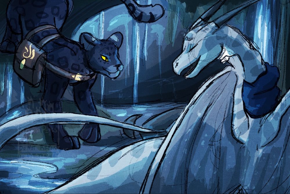 A black leopard wearing a satchel approaches a blind silver dragon in a cave.