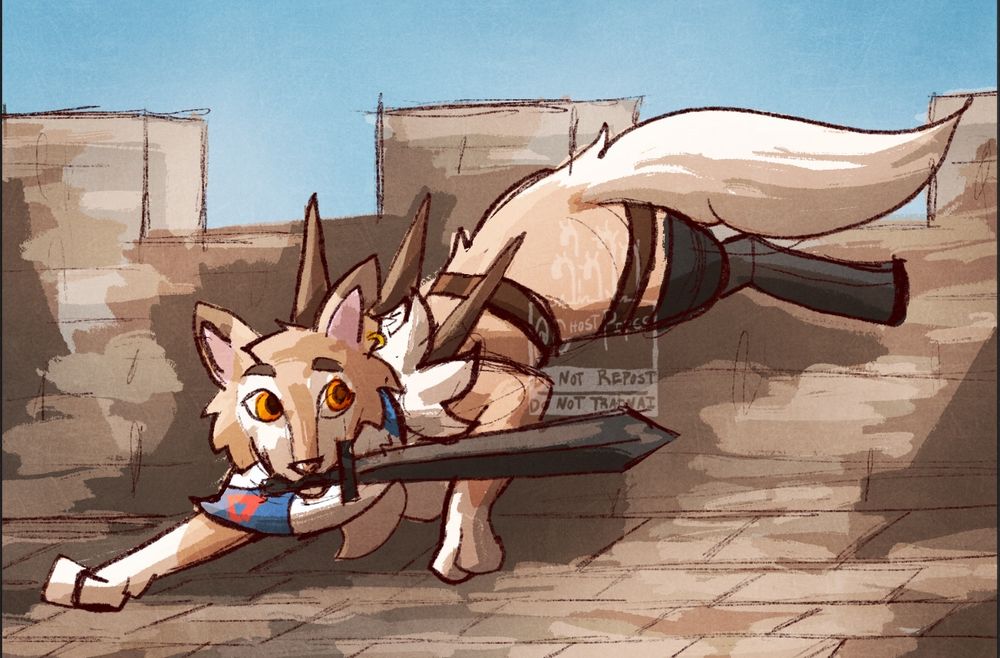 A day-form lycanroc with a sword and prosthetic hind leg with a backdrop of castle wall crenelations.
