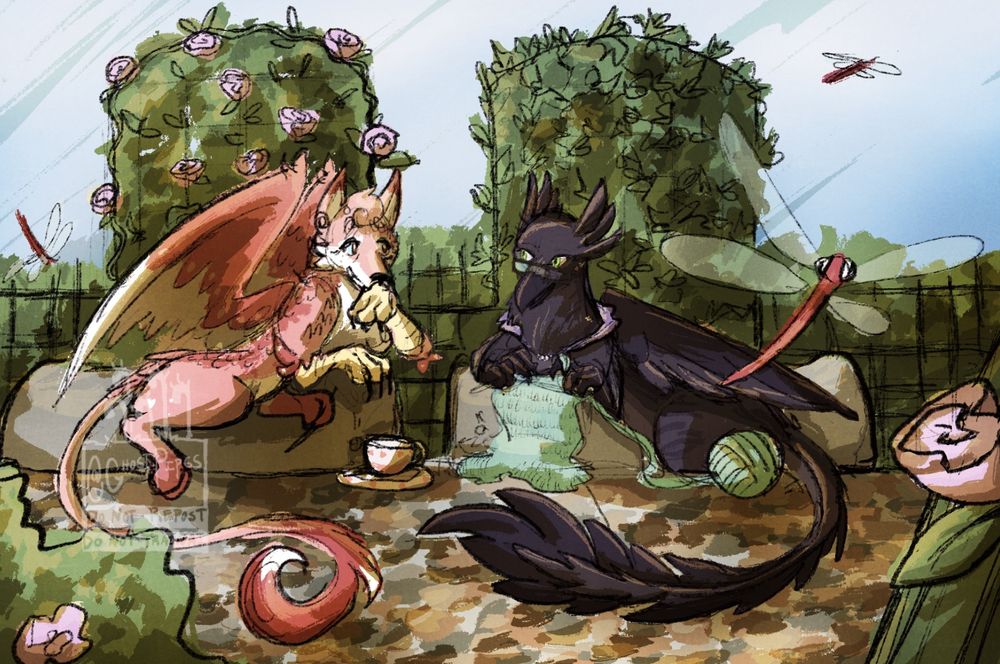 A pale pink and white enfield sharing tea with a raven-based gryphon who is knitting. They are seated in a rose garden with dragonflies flying around. They are Petuniabubbles's OCs.