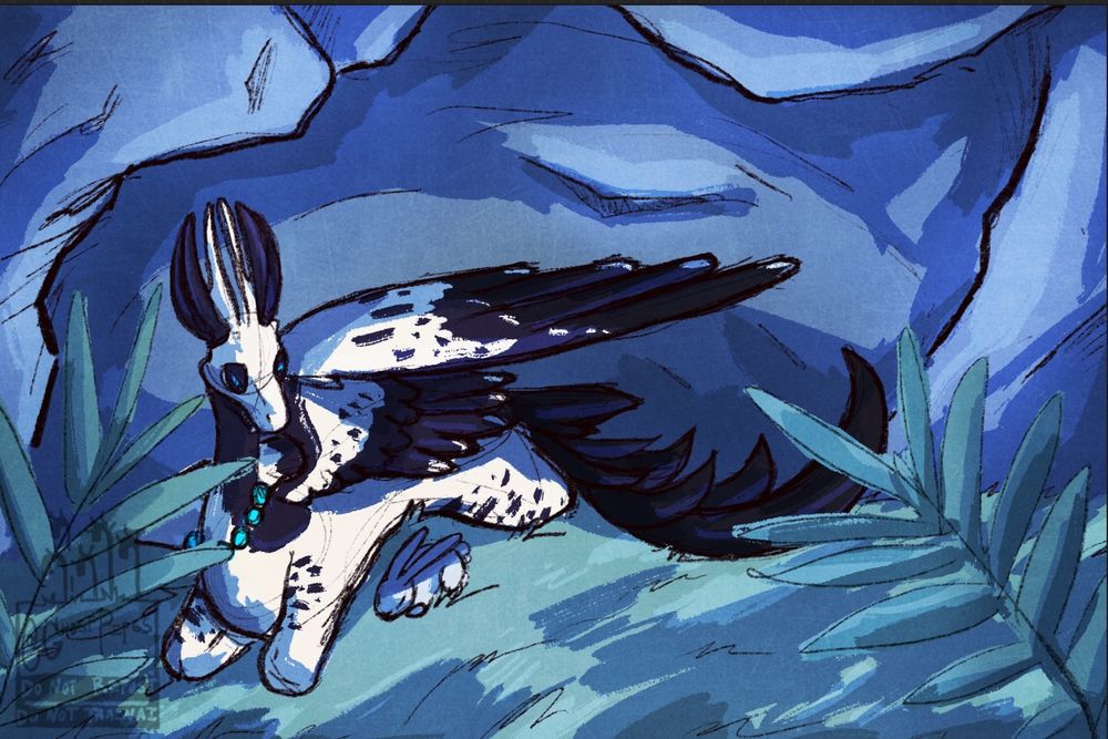 A peryton wearing a drake-skull mask shading a rabbit with their wing. The peryton is colored white and brown like an osprey.