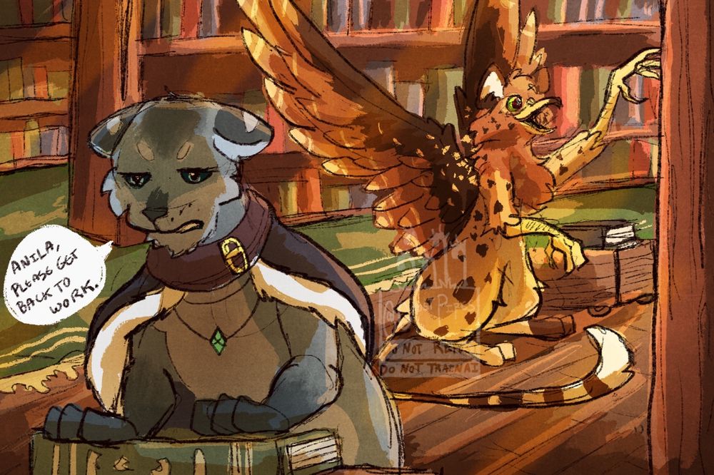 An irritated-looking cat in a cloak tells an excited, distracted gryphon that is helping them in the library to get back to work.